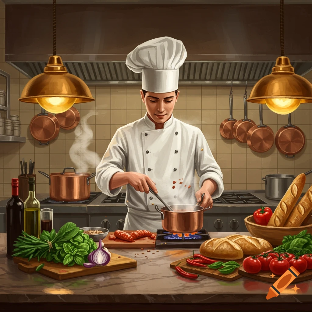 A male chef in a white uniform and hat stirs a pot on a stove in a kitchen, surrounded by fresh food ingredients.