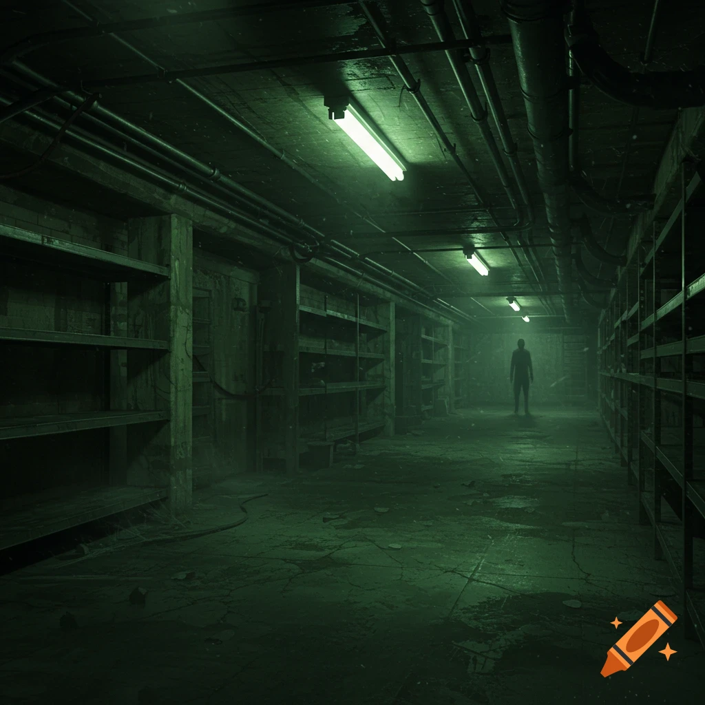 A creepy, dark basement with a silhouetted figure standing in the eerie green light at the end of a long corridor with shelves.