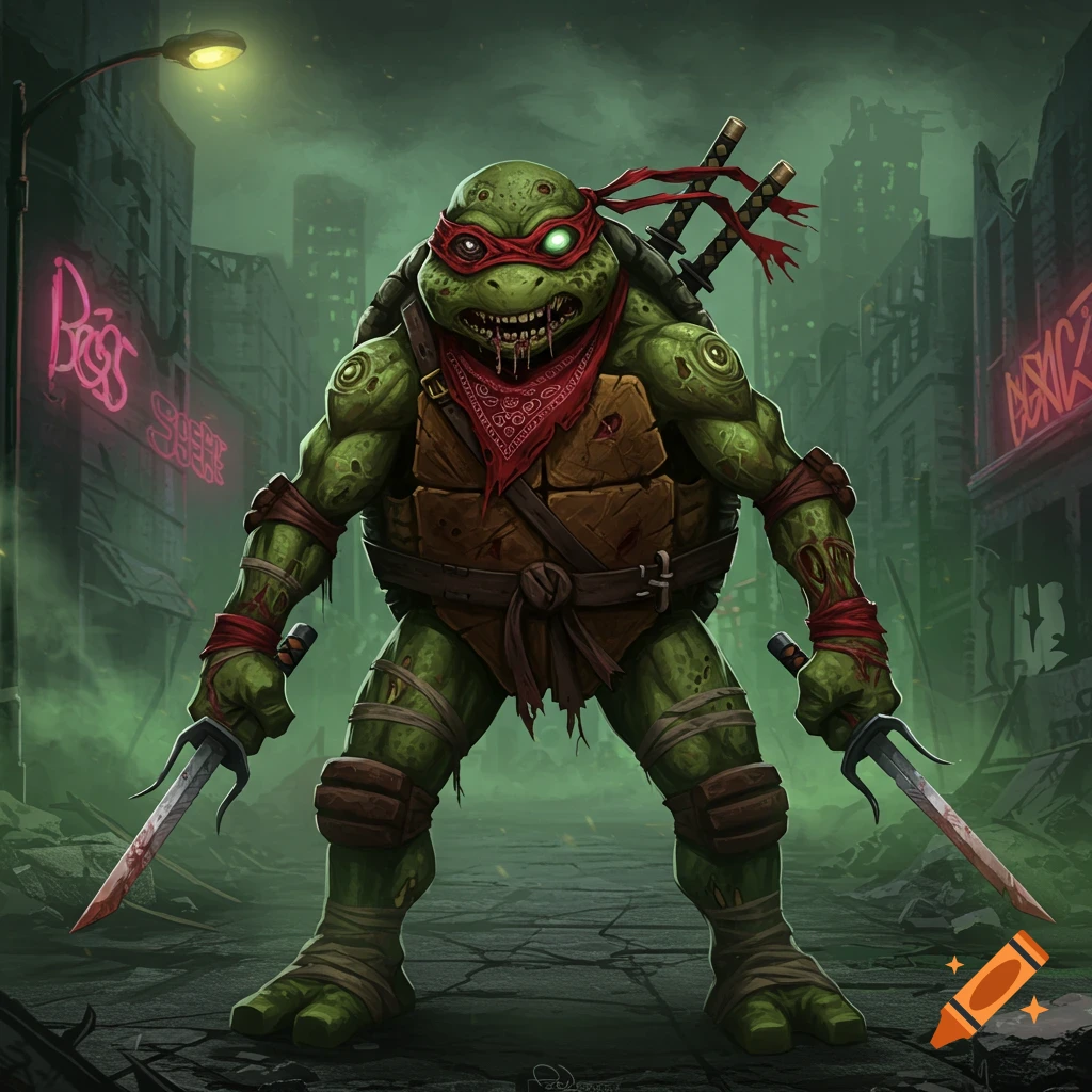 A monstrous, zombified Teenage Mutant Ninja Turtle Raphael with glowing eyes and blood on his mouth and sai, stands in a desolate, ruined city at night under a streetlamp with neon signs.