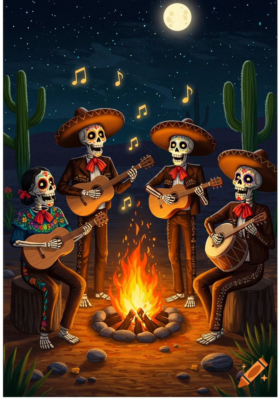 Four skeletal mariachi musicians playing guitars and a drum around a campfire under a full moon and starry desert sky.