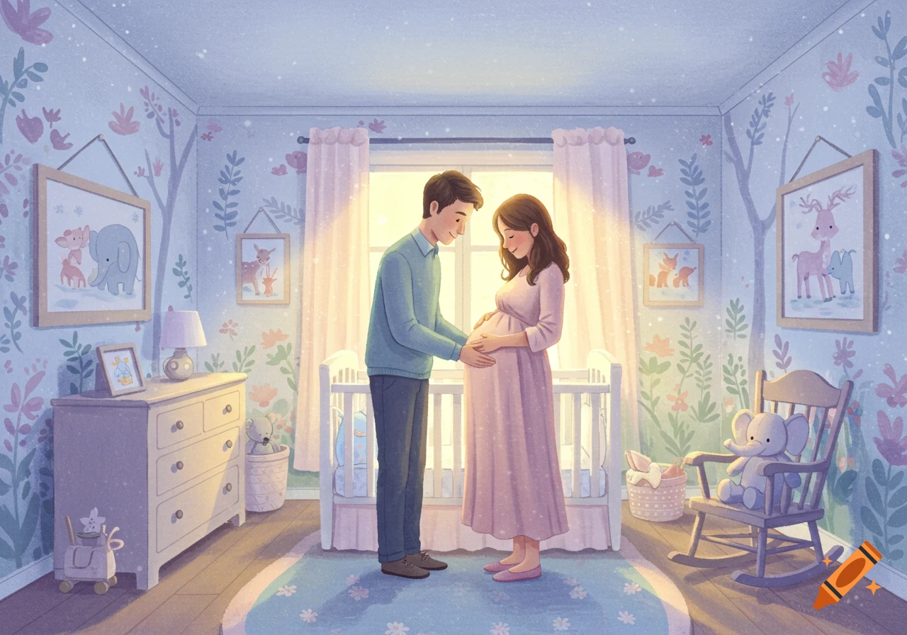 A man gently touches the belly of a pregnant woman in a cozy, pastel-colored nursery with animal art, in a children's book illustration style.