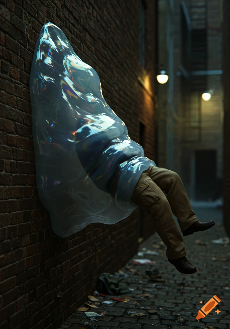A photorealistic image of a shimmering, clear, blob-shaped slime clinging to a brick wall in a dark alleyway, seemingly absorbing a man's lower body.