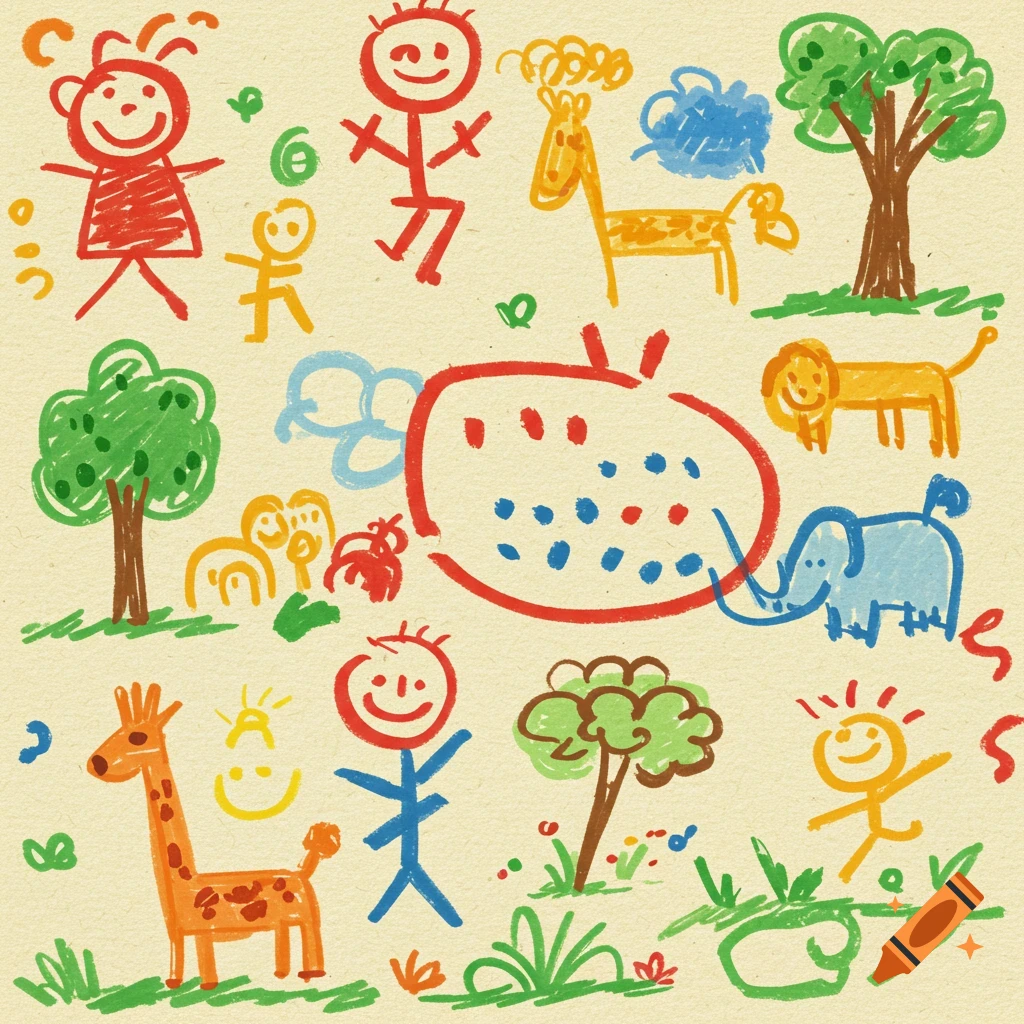 Colorful crayon drawing by a child showing stick figures, giraffes, an elephant, a lion, and trees, with colors outside the lines on beige paper.