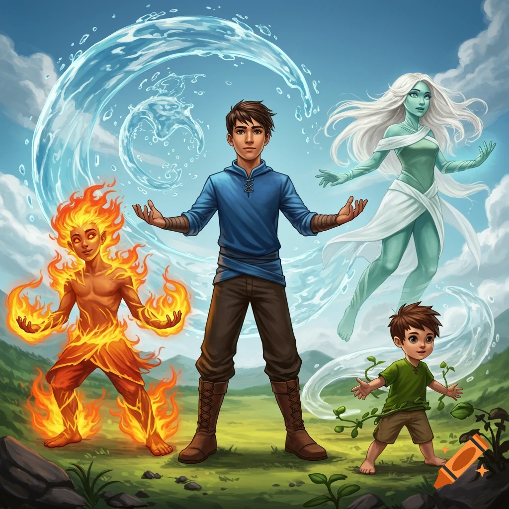 Four stylized elemental characters, representing water, fire, air, and earth, stand in a grassy landscape under a blue sky, showcasing their powers.