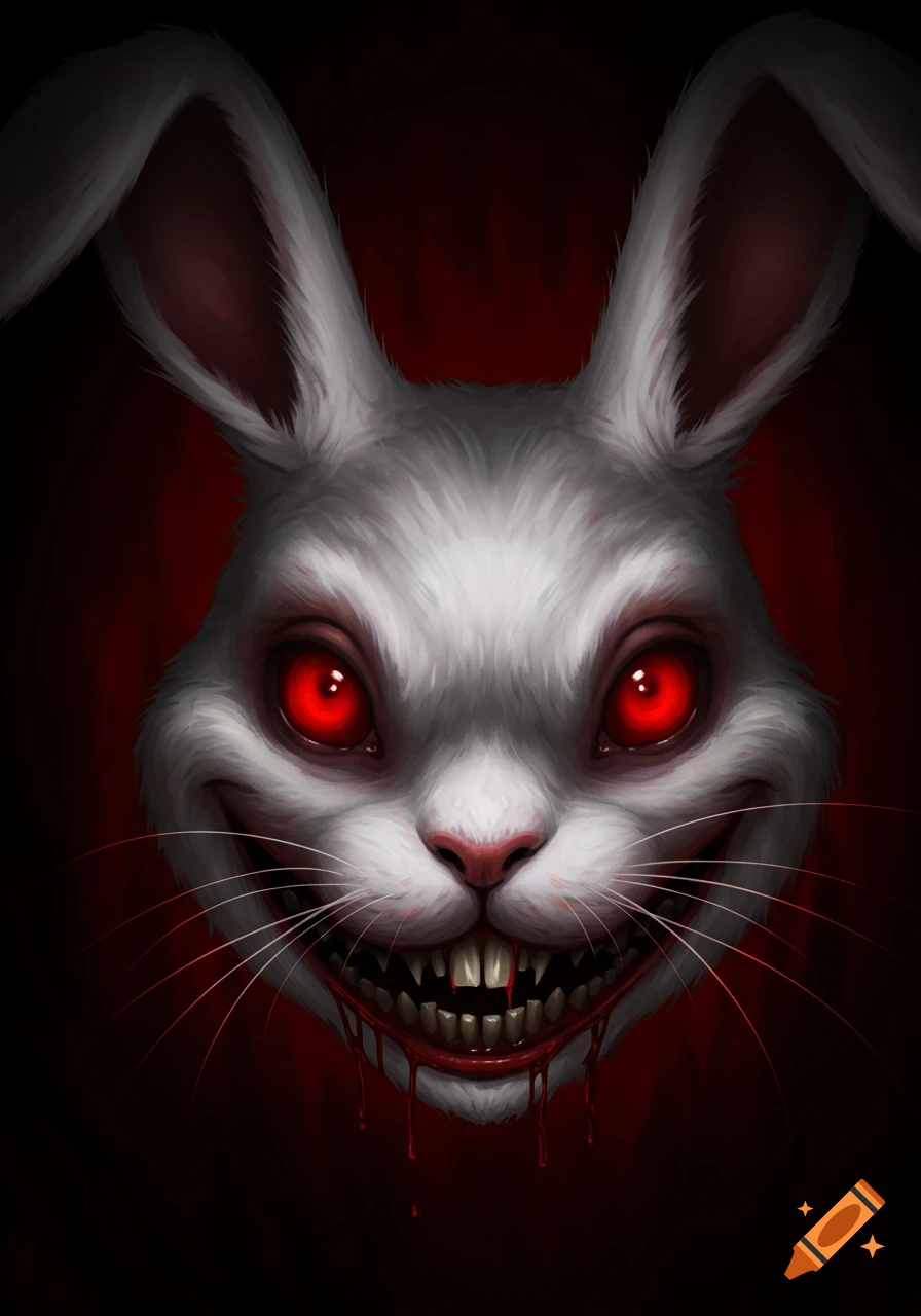 A terrifying white rabbit face with glowing red eyes, sharp teeth, and blood dripping from its mouth against a dark red background.
