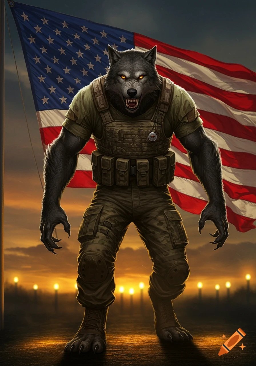 A snarling werewolf in military fatigues and tactical vest stands in front of a waving American flag at sunset, with glowing yellow eyes.