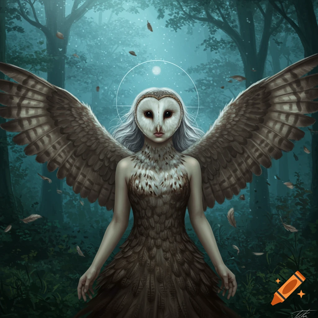 A mystical human figure with a barn owl head and large wings stands in a dark, ethereal forest with falling leaves. Digital painting.
