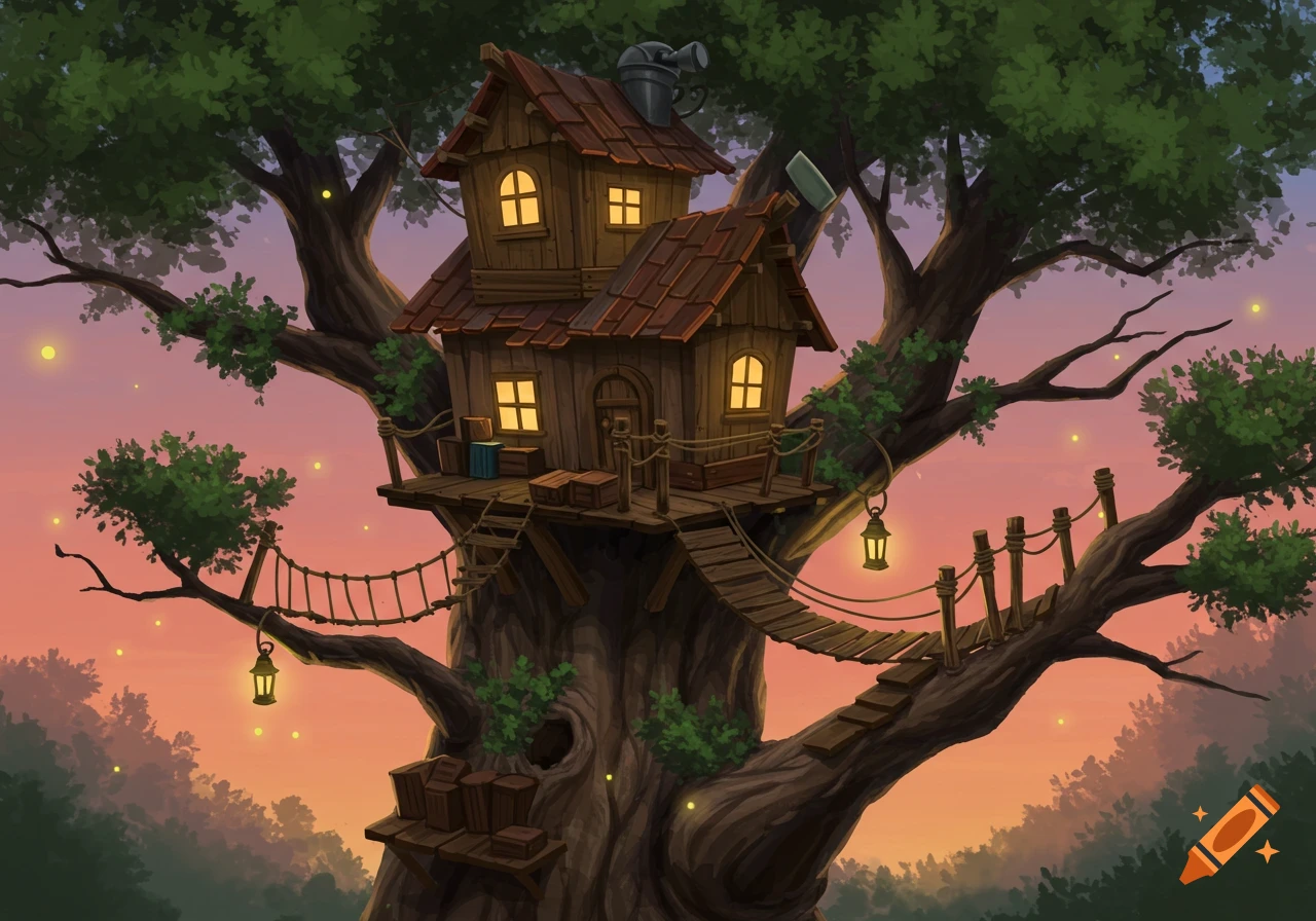 Detailed illustrative tree house in a large tree at sunset with glowing windows, hanging lanterns, and fireflies.