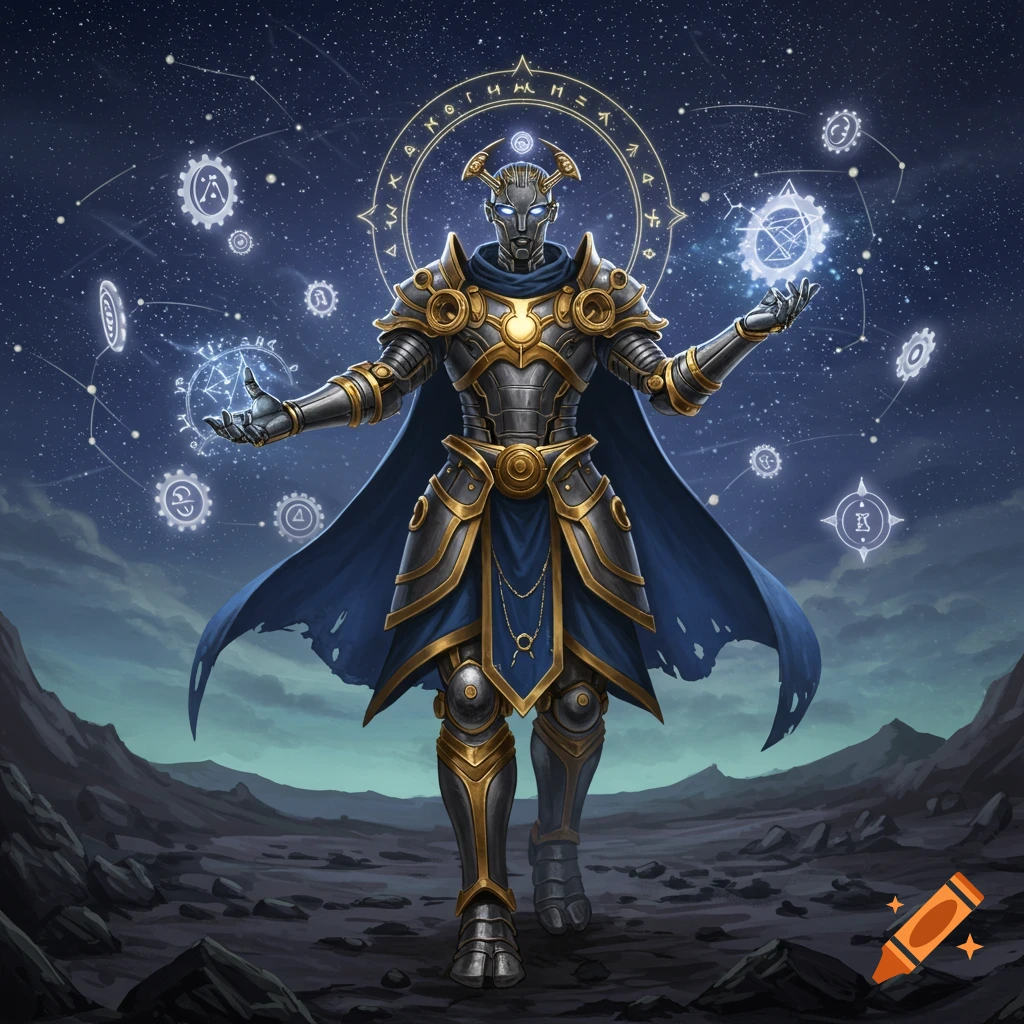 A detailed illustration of a warforged sorcerer in golden and silver armor, wielding glowing geometric magic against a starry night sky.