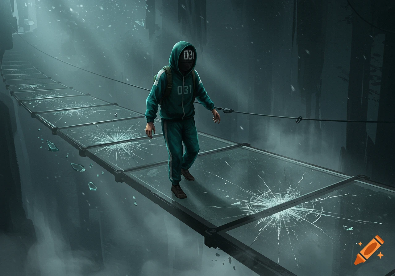 A masked player in a teal tracksuit walks cautiously on a glass bridge, with several panels cracked, under a dim, snowy sky.