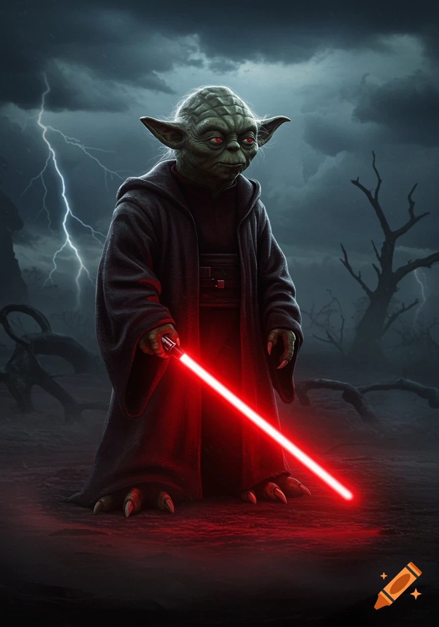 Sith Yoda with red eyes, holding a glowing red lightsaber, stands in a dark, stormy landscape with lightning and bare trees.