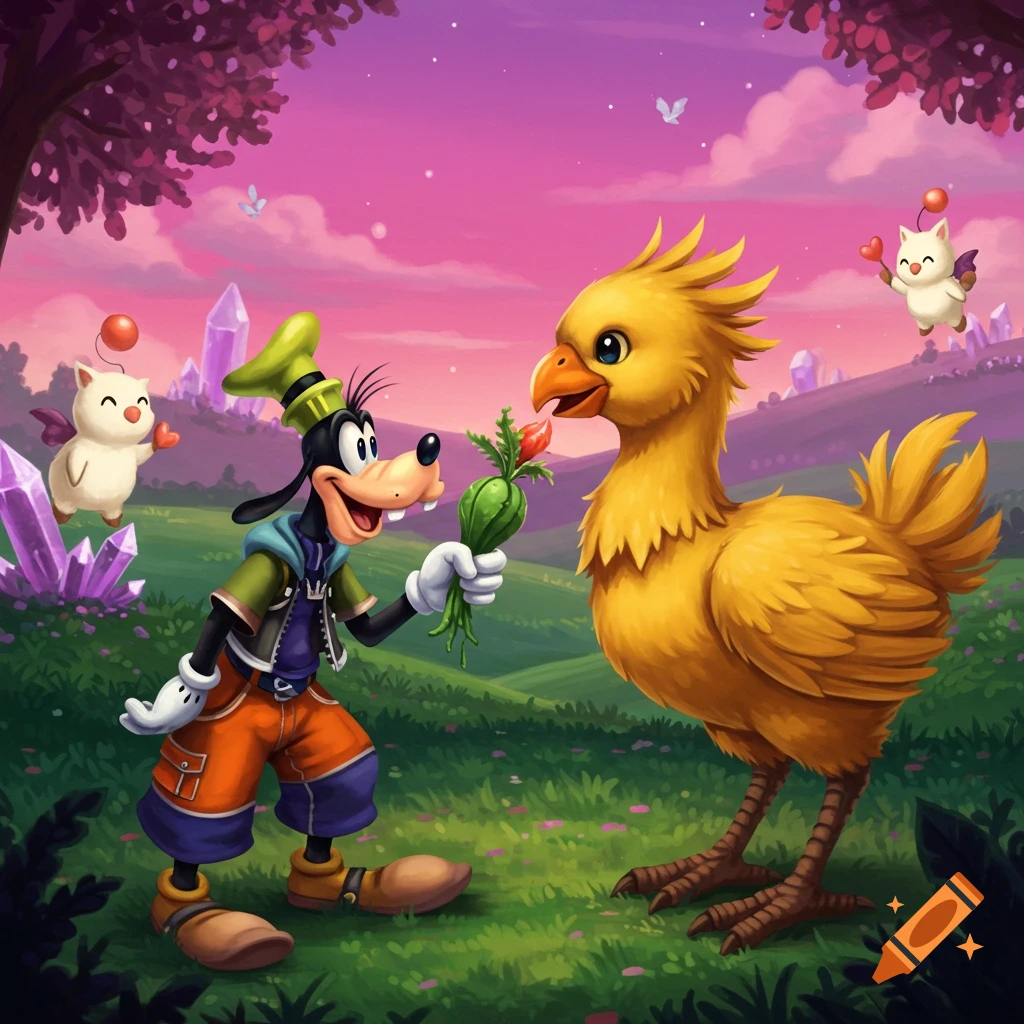 Goofy from Kingdom Hearts feeds a Chocobo a vegetable in a vibrant fantasy landscape with crystals and small creatures.
