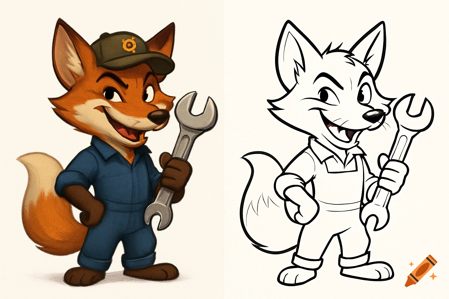 A cartoon fox mechanic in blue overalls and a cap, holding a wrench, presented in a colored illustration on the left and a black-and-white outline on the right.