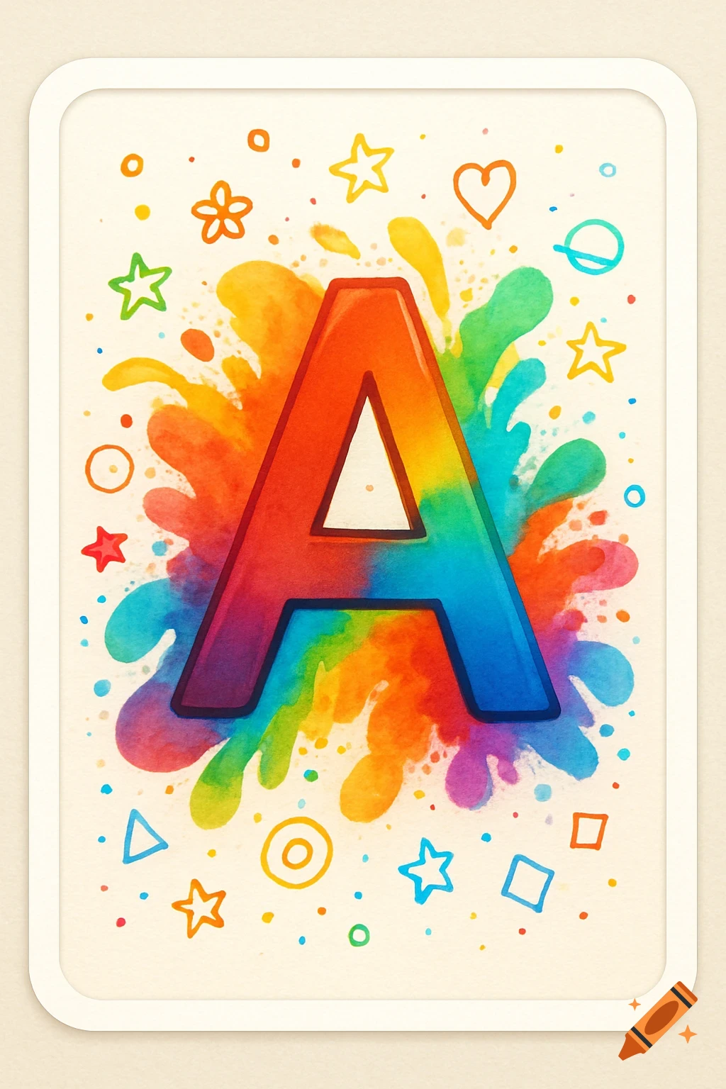 A vibrant watercolor capital letter A on a flashcard, surrounded by colorful paint splatters and whimsical doodles.
