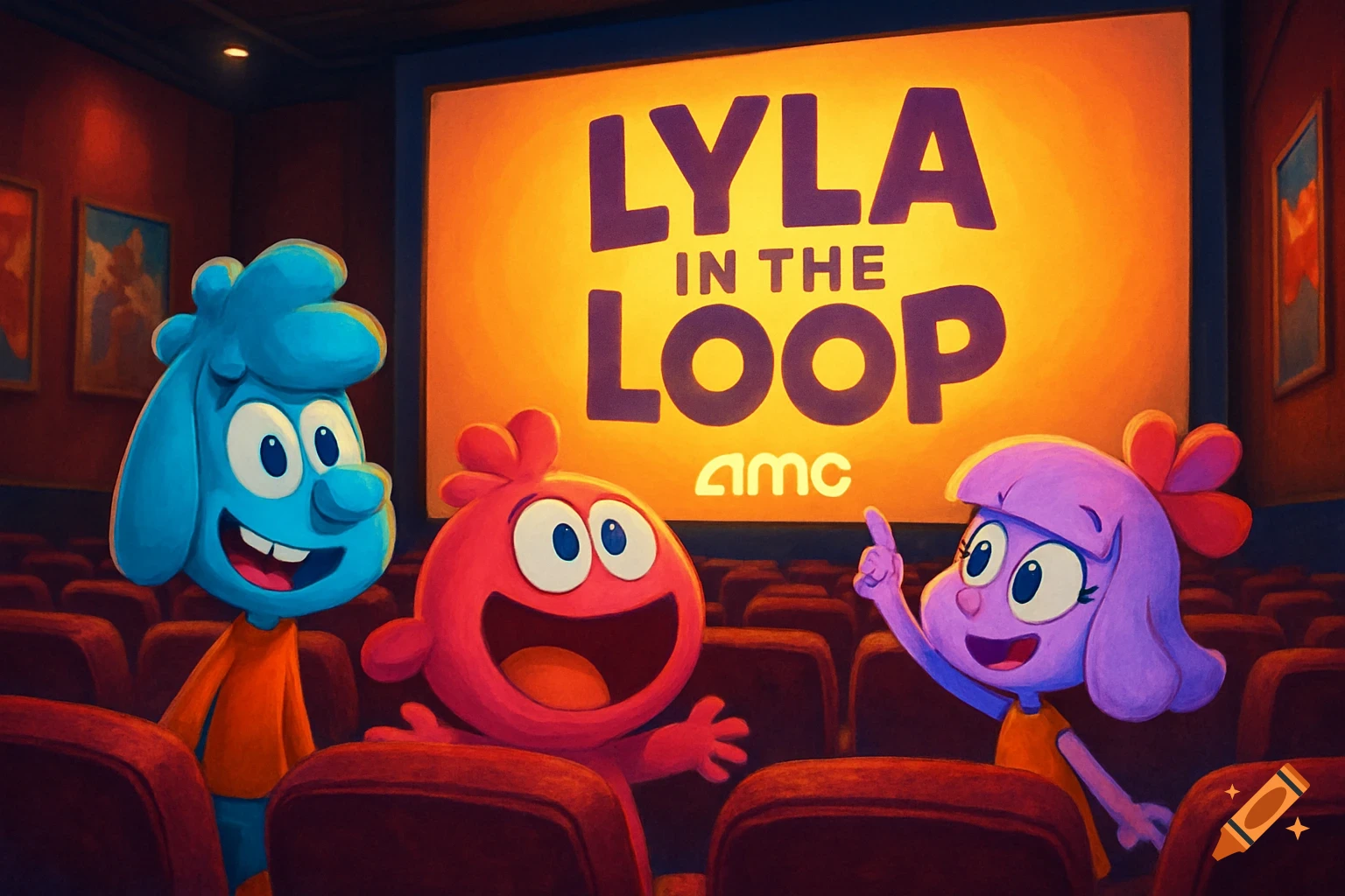 Three colorful cartoon characters in a movie theater, looking at a screen displaying "LYLA IN THE LOOP" and "amc" logo.