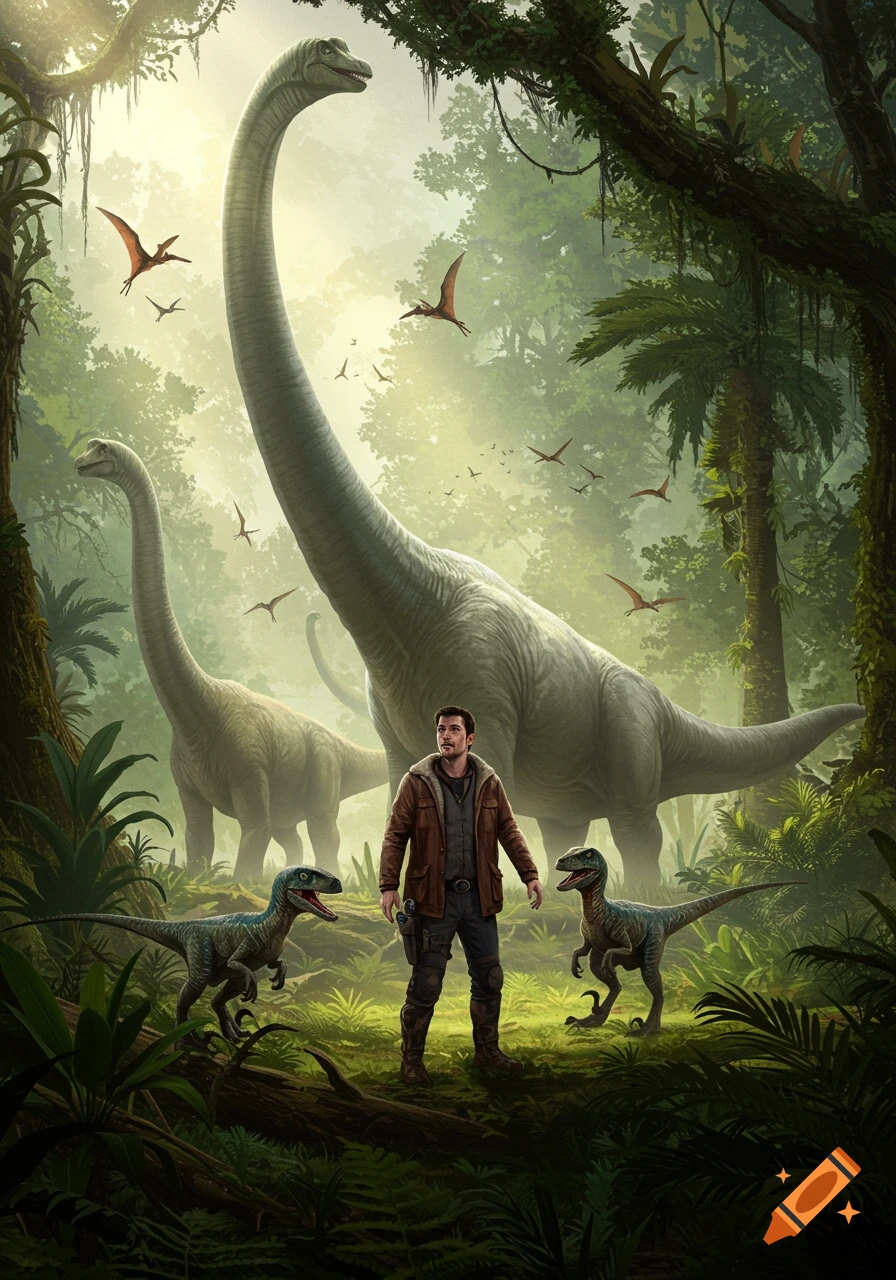A man stands in a lush, misty jungle among large brachiosaurus-like dinosaurs, raptors, and flying pterosaurs in a realistic style.