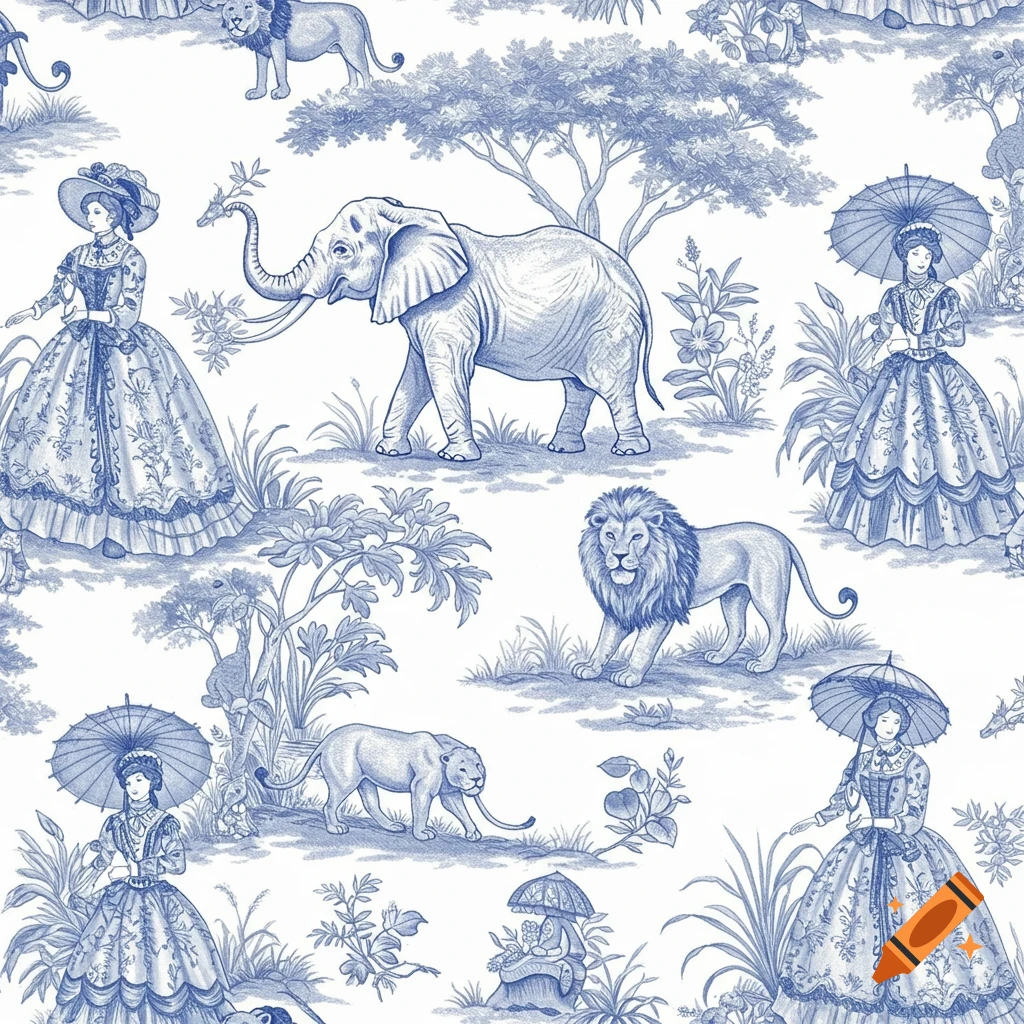 White and blue chinoiserie pattern featuring 1800s ladies with umbrellas and African safari animals like elephants and lions in a landscape.