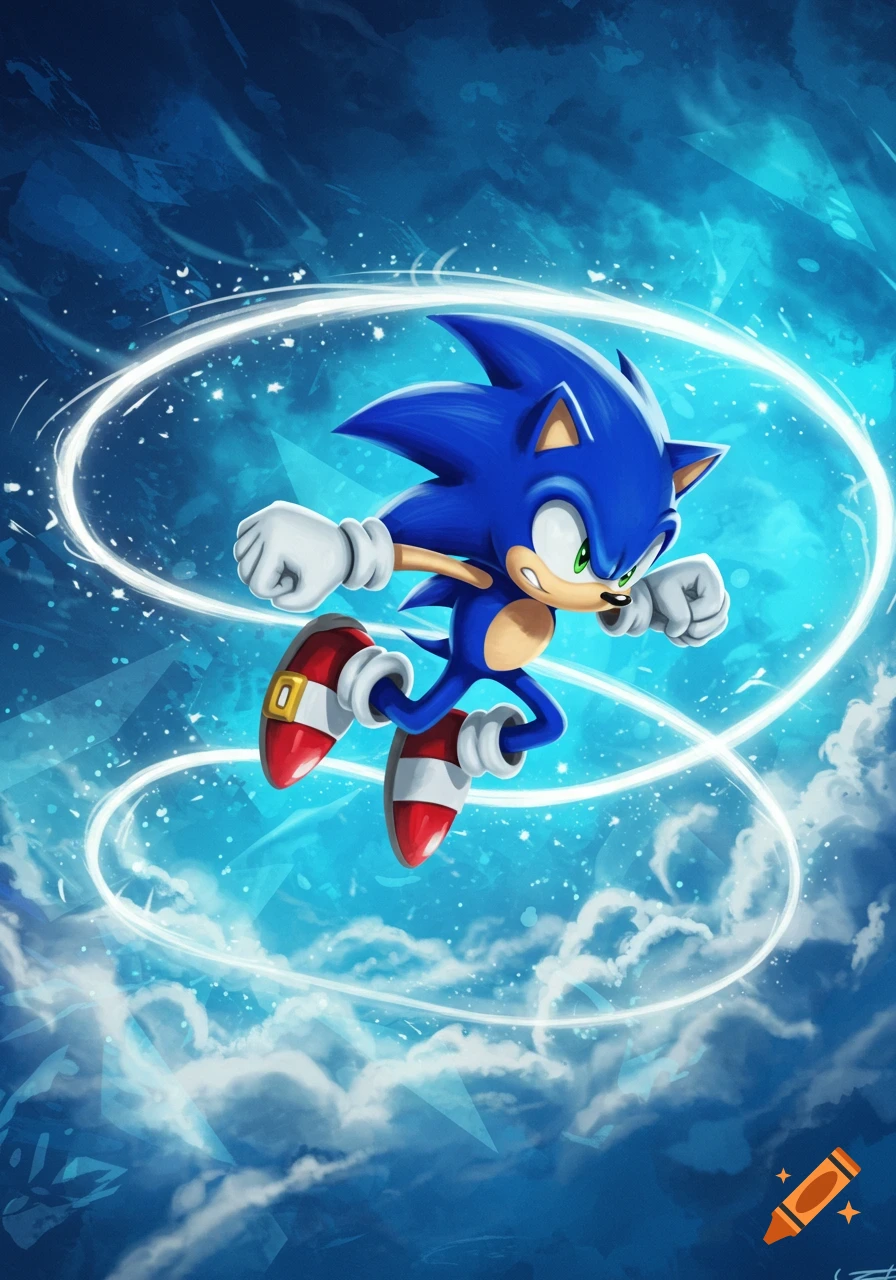 Sonic the Hedgehog depicted in a dynamic pose, surrounded by swirling blue and white energy on a stormy blue background.