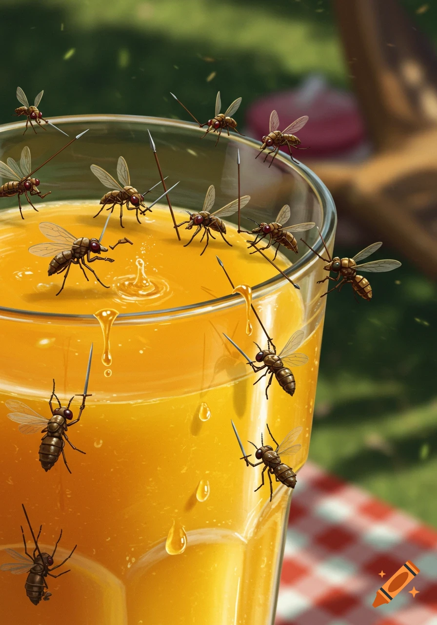 An army of gnats with tiny spears and swords on and around a glass of mango juice, set on a picnic blanket.