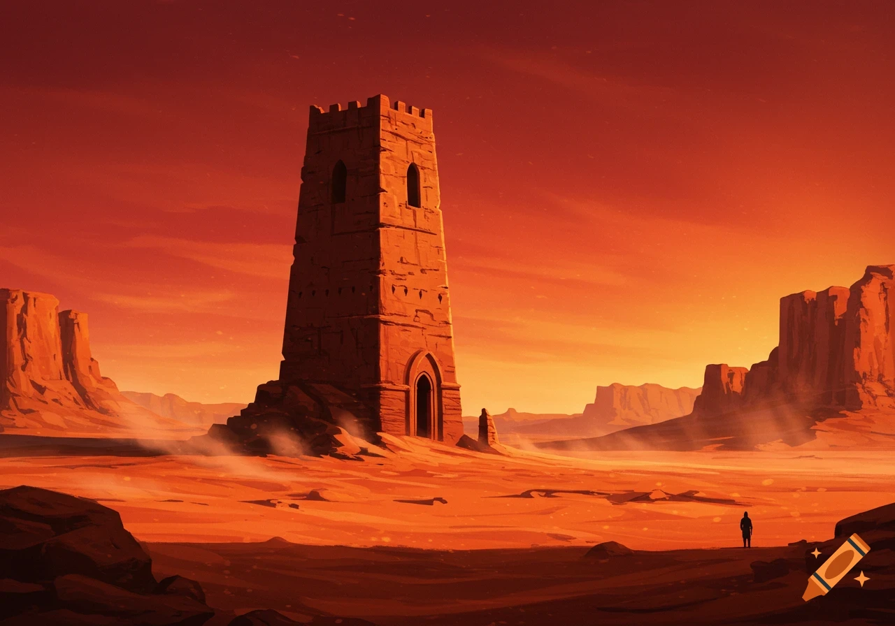 A stark red desert landscape with a tall, ancient stone tower under a vibrant orange-red sky. Canyons rise in the distance, and a lone figure stands near the tower.
