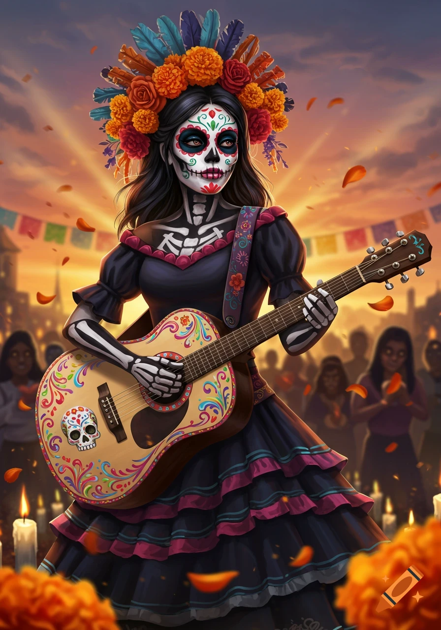 A vibrant sugar skull woman with a floral crown plays a decorated guitar at sunset during a Day of the Dead celebration.