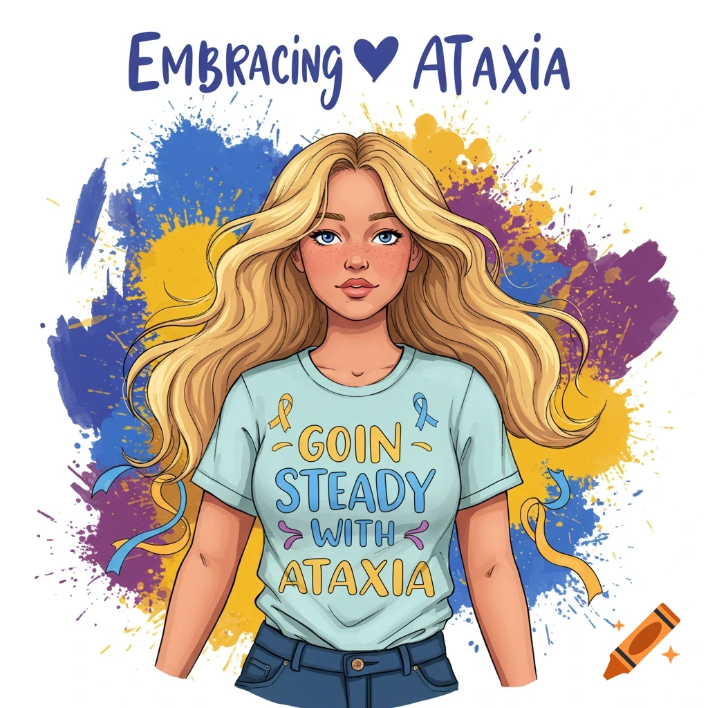 An illustration of a woman with long blonde hair, wearing a t-shirt that says 'GOIN STEADY WITH ATAXIA' against a colorful paint splatter background. Text above reads 'EMBRACING ❤️ ATAXIA'.