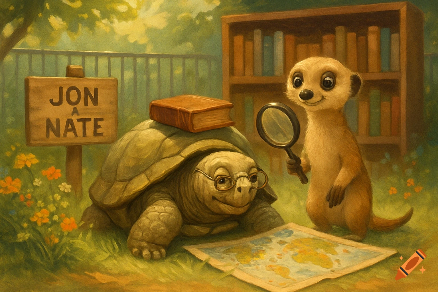 An illustrative image of a studious tortoise in glasses and a meerkat with a magnifying glass looking at a map on grass. A wooden sign reads 'JON A NATE'.