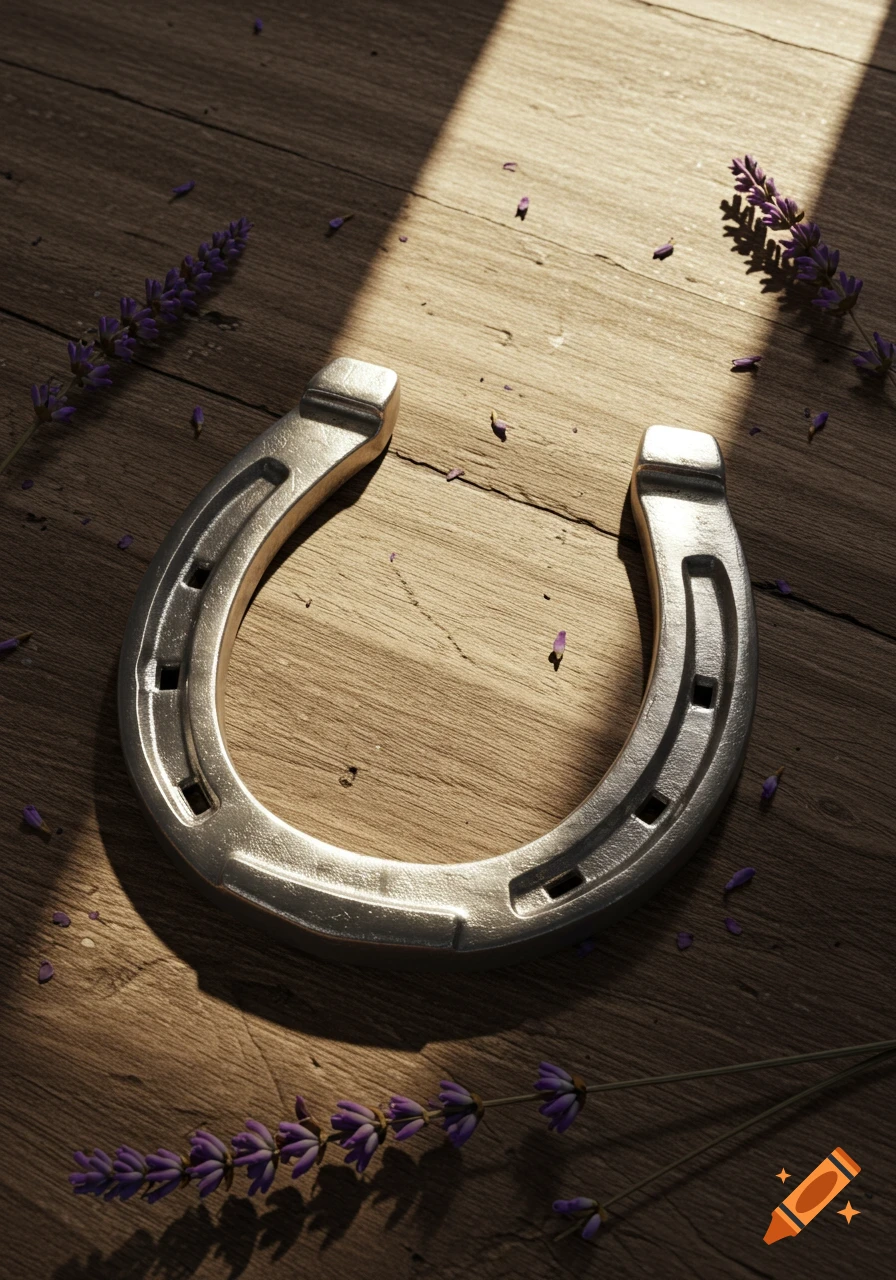 A silver horseshoe on a wooden surface with scattered lavender sprigs, lit by a diagonal beam of sunlight.