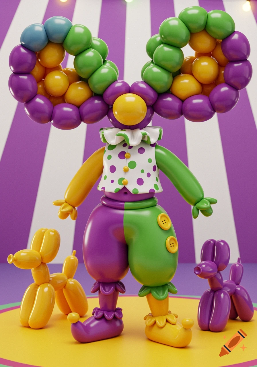 A colorful 3D rendered balloon clown with polka dots and ruffle stands on a yellow circus stage, flanked by two balloon dogs.