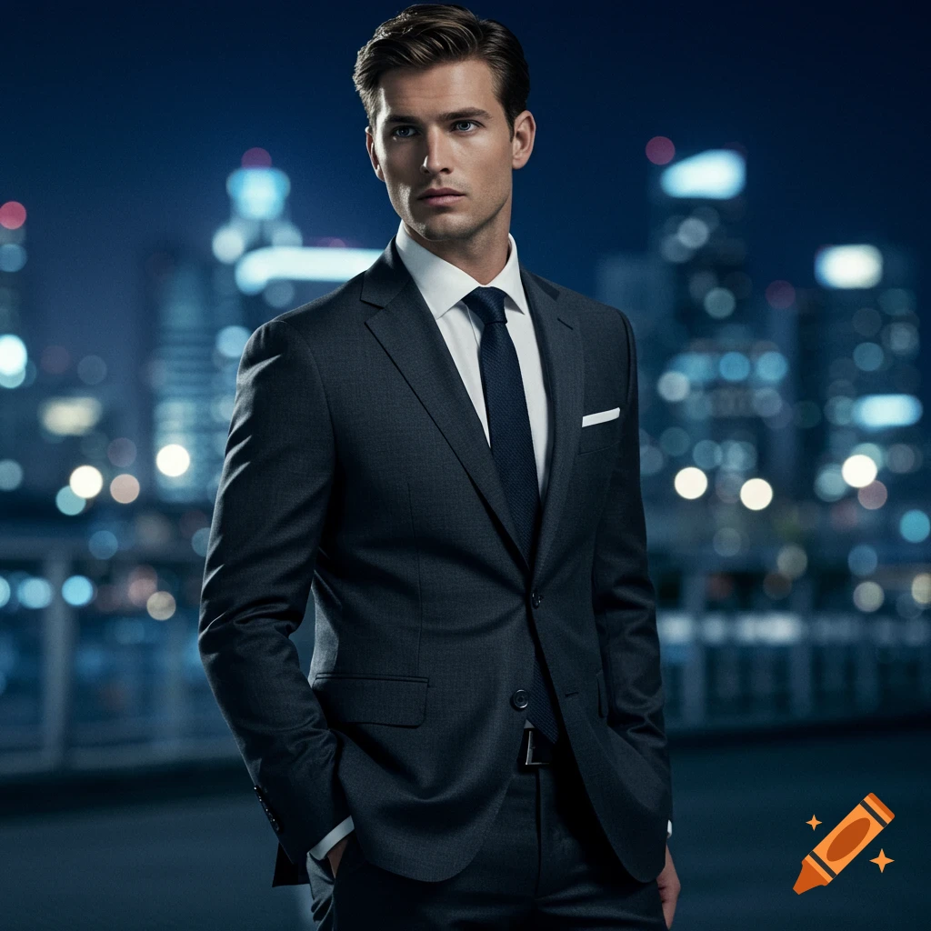 A man in a dark suit and tie poses against a blurry night cityscape.