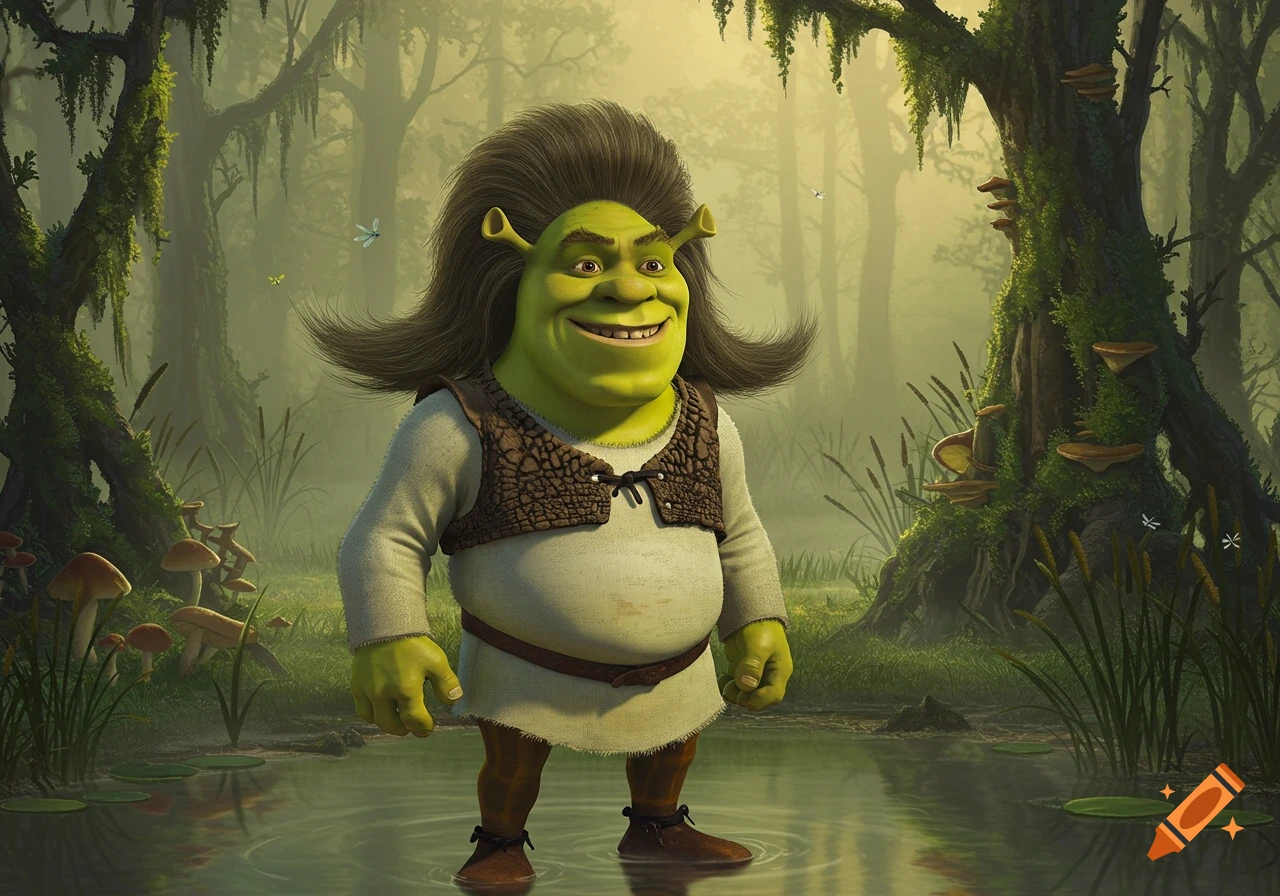 Shrek with a mullet stands in a murky swamp with trees, moss, and mushrooms, smiling at the viewer.