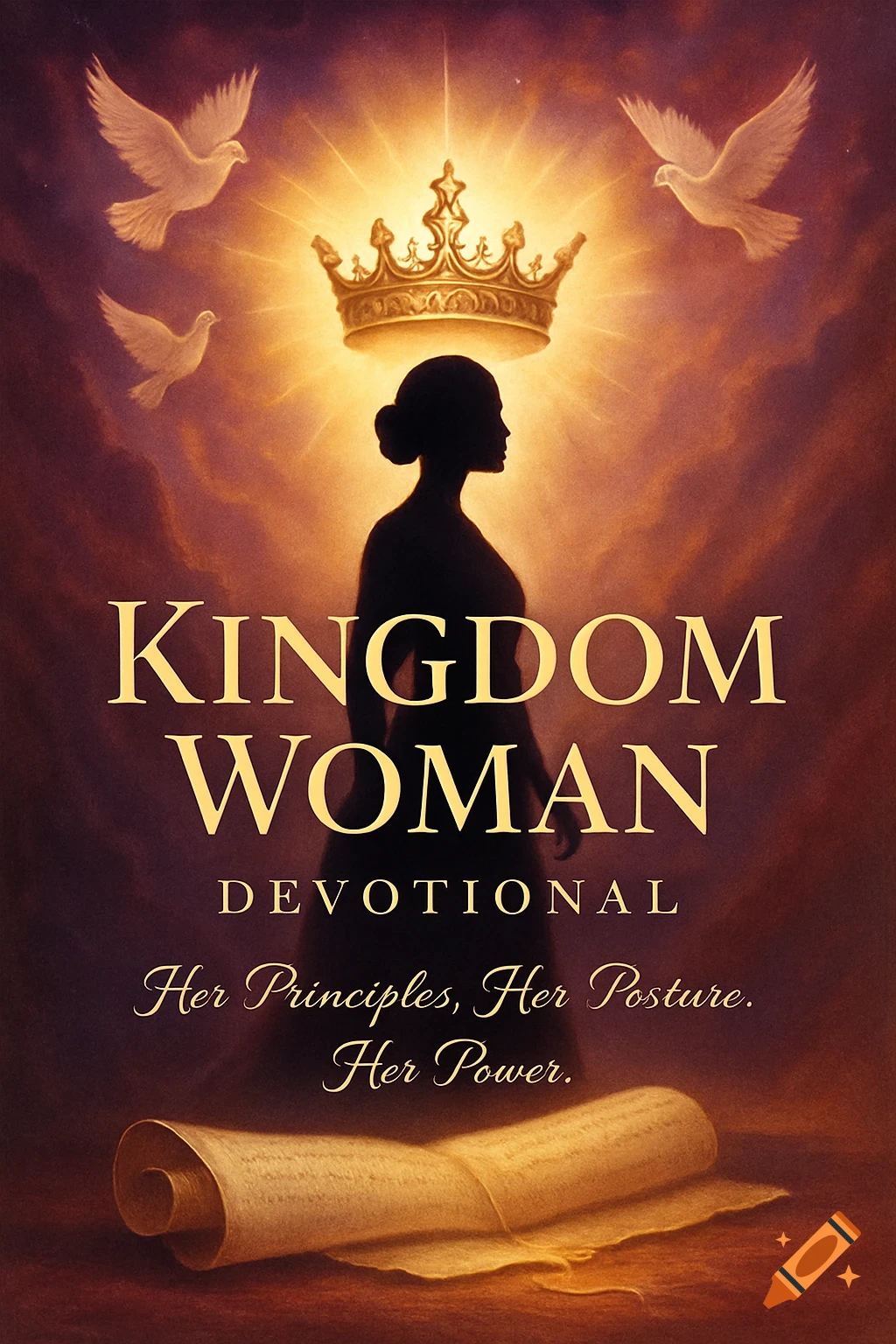 A devotional book cover featuring a woman's silhouette, a glowing crown, and doves against a warm, spiritual background. Gold text reads 'Kingdom Woman Devotional Her Principles, Her Posture. Her Power.' with a scroll below.