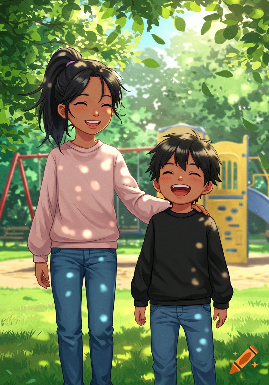 An anime girl and boy smiling happily in a sunny park with playground equipment in the background.