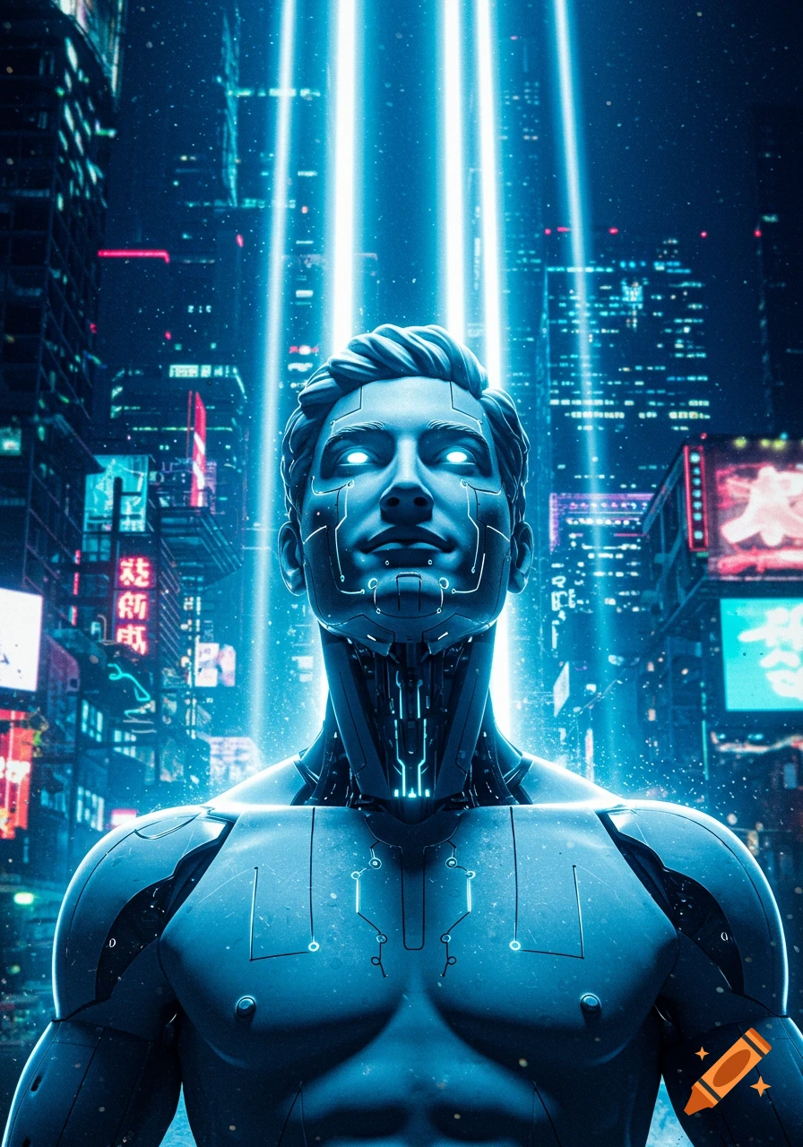 A muscular cyborg man with glowing eyes looks up amidst a futuristic, neon-lit cyberpunk city with bright blue light beams.