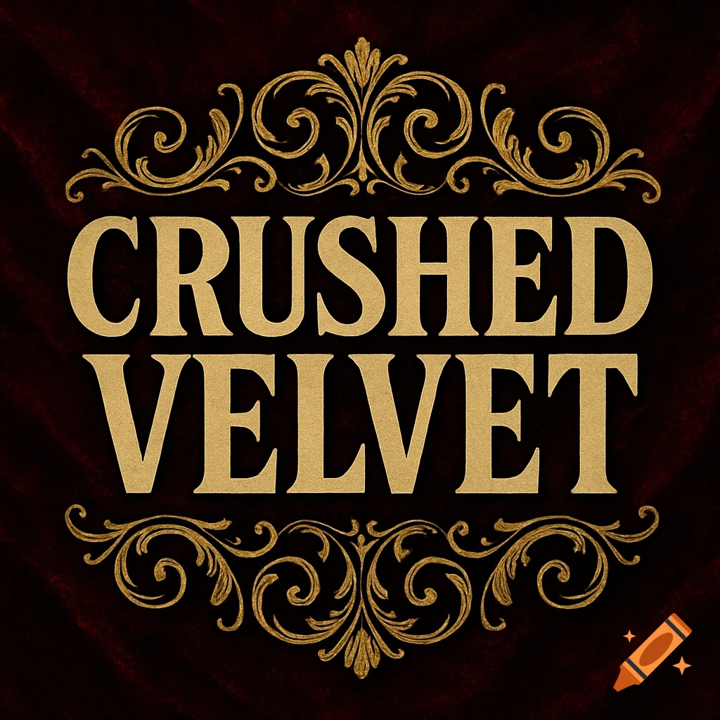 Gold 'CRUSHED VELVET' text within an ornate gold frame on a dark red velvet background.