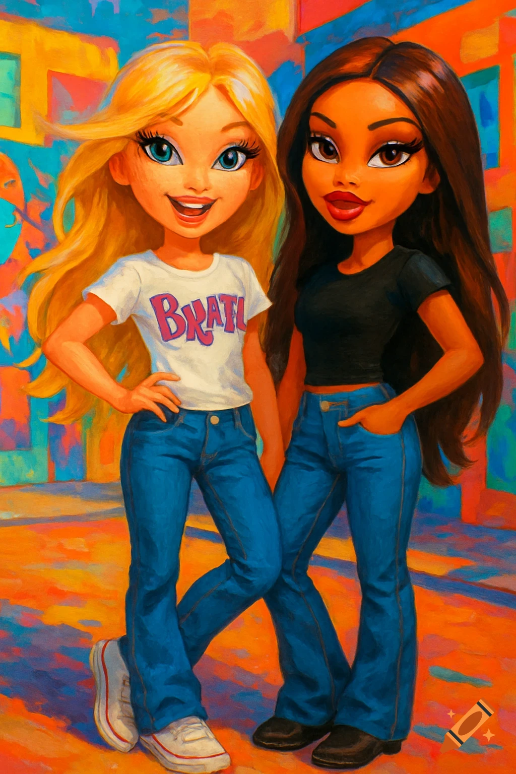 A blonde Bratz doll and a brown-haired Bratz doll pose in jeans and shirts, in a colorful, painterly style.
