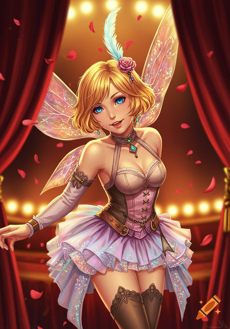 Blonde anime fairy with iridescent wings and theatrical costume, including a pink corset and purple skirt, smiling on a stage with red curtains and falling rose petals.