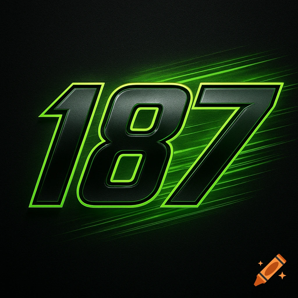 The number 187 in a metallic black racing-style font with bright green outlines and glowing streaks on a dark textured background.