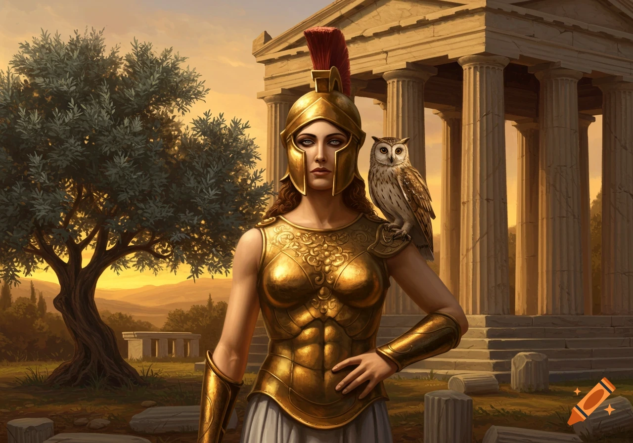 Athena in golden armor with an owl on her shoulder, standing before an ancient temple and olive tree in an old painting style.