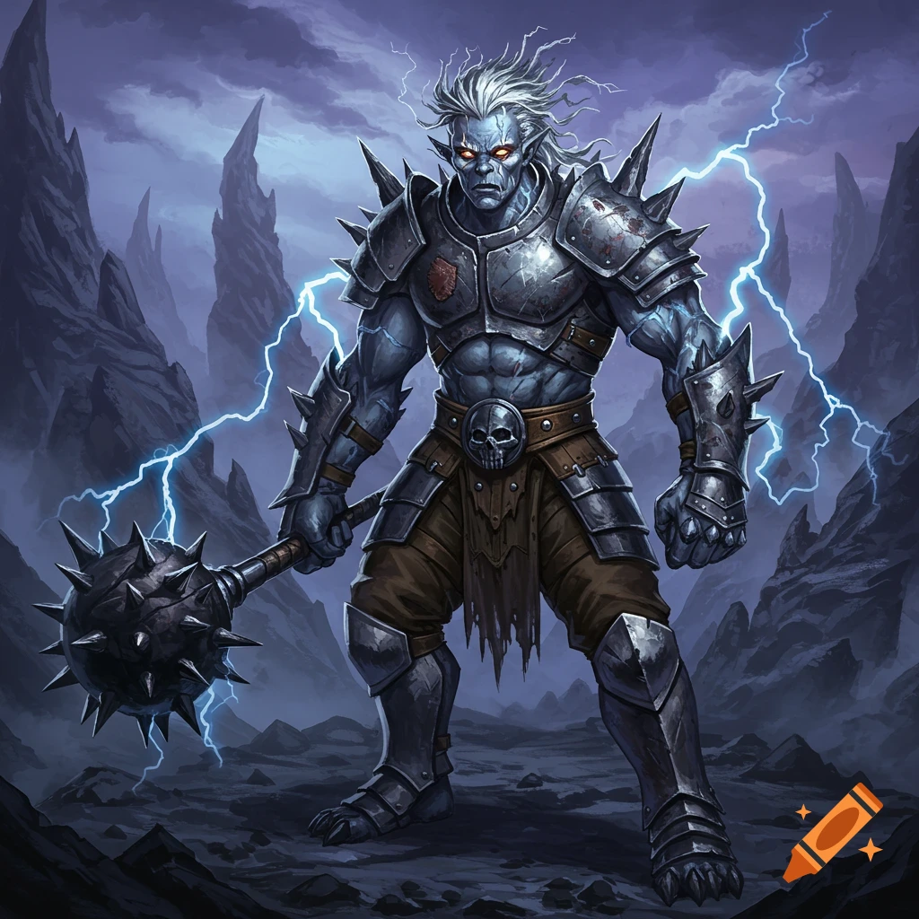 A powerful, gray-skinned fantasy warrior with red eyes and spiky armor holds a spiked mace under a lightning storm.