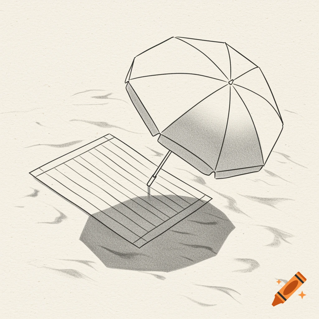 A simple line drawing of a beach umbrella and a striped towel casting shadows on the sand.