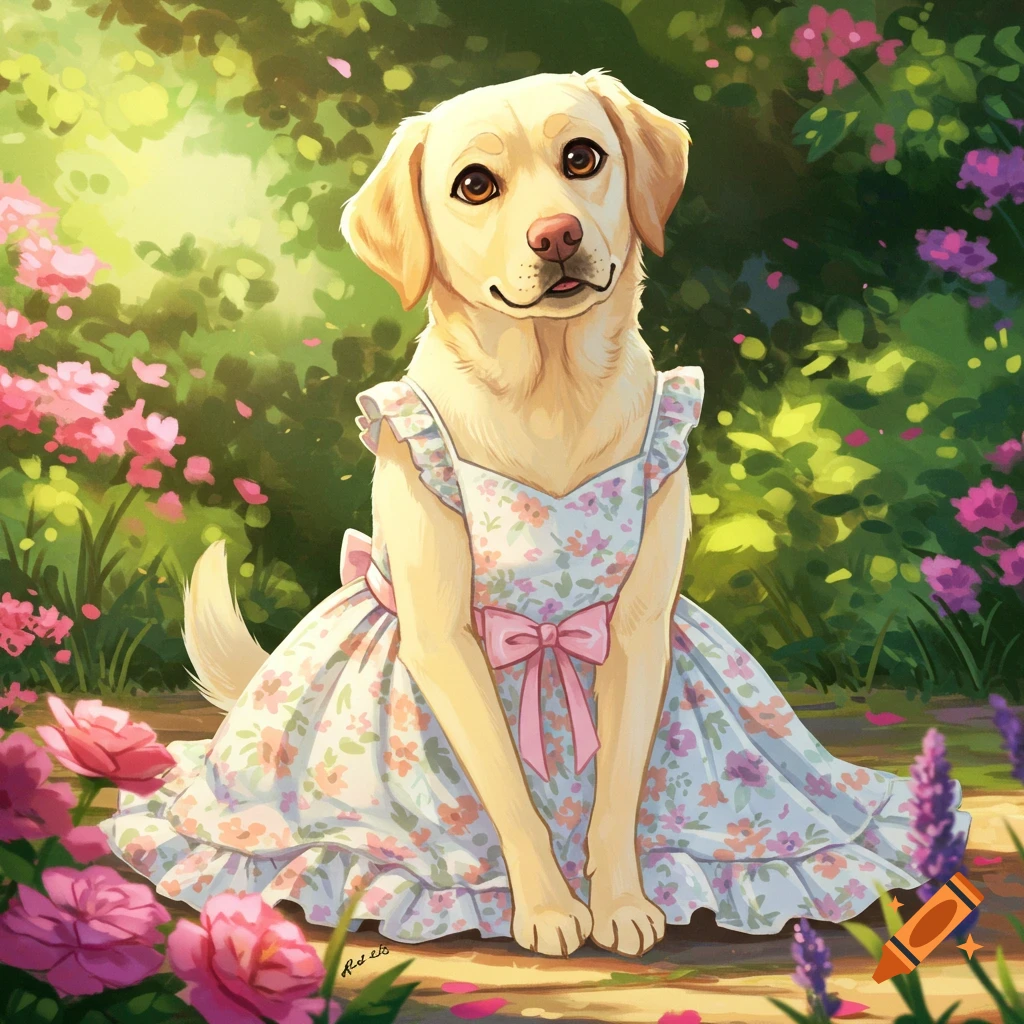 A cartoon yellow labrador dog wearing a floral dress, sitting in a sunny garden surrounded by pink and purple flowers.