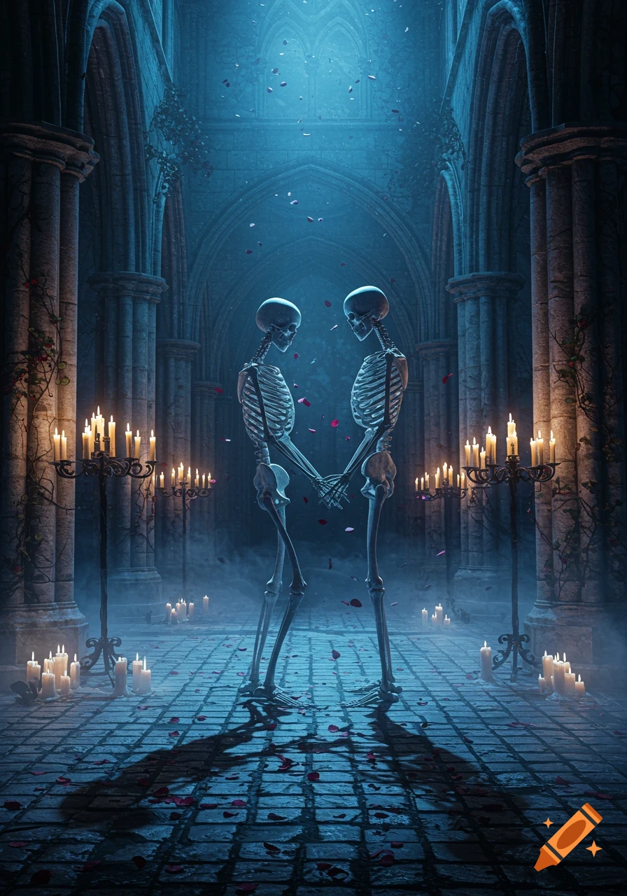 Two skeletons holding hands in a candlelit gothic church with rose petals falling.