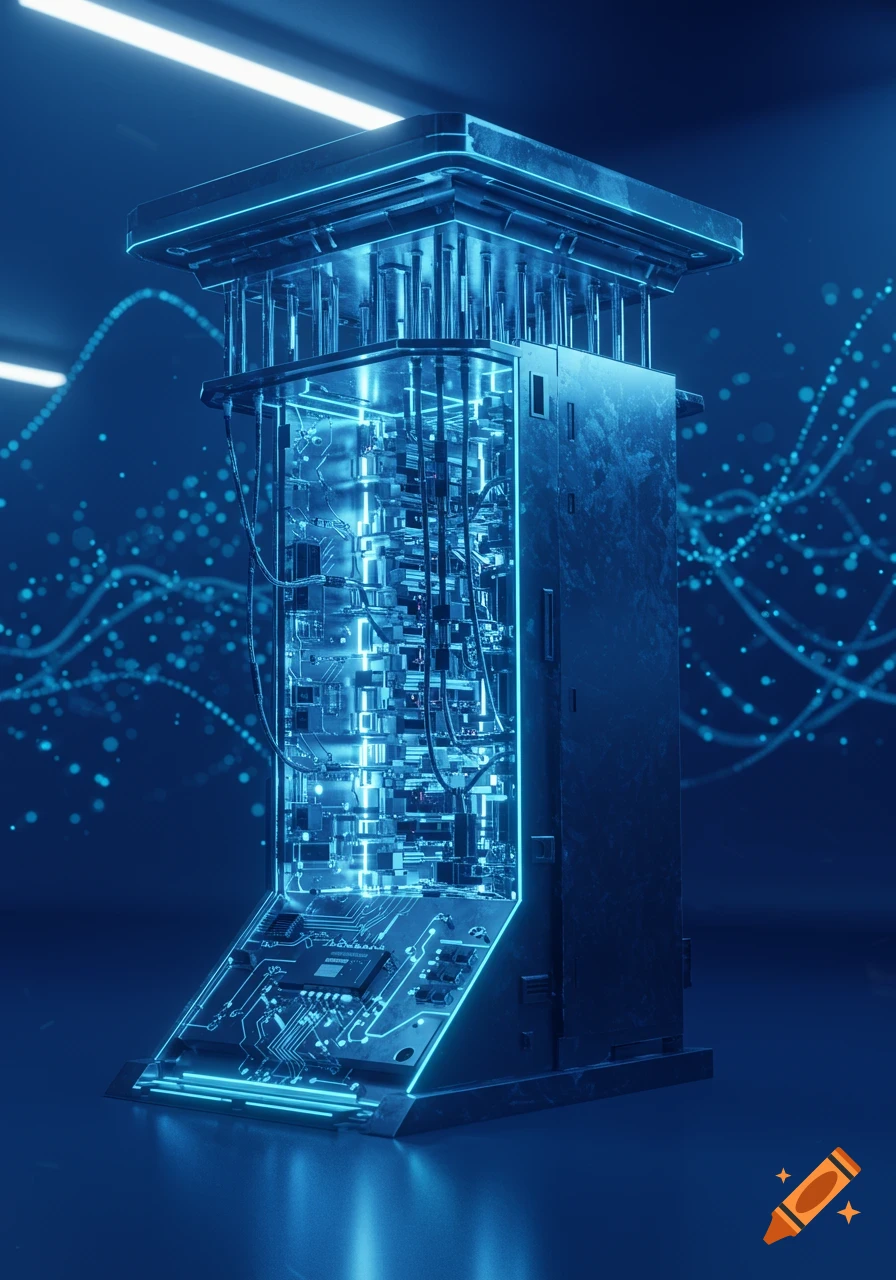 A glowing blue and chrome quantum computer with intricate internal components and data streams in a futuristic setting.