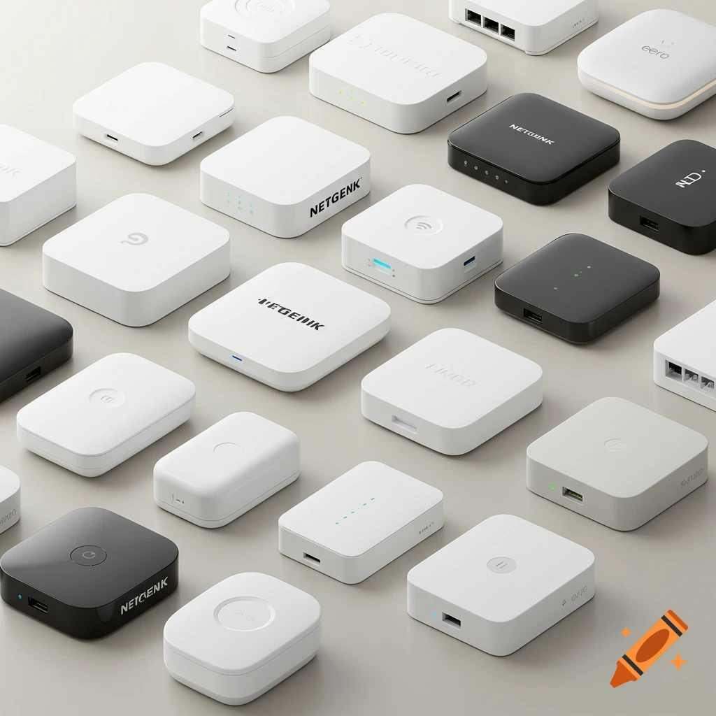 Top-down photorealistic view of multiple white and black rectangular Wi-Fi boosters and repeaters arranged on a light surface.