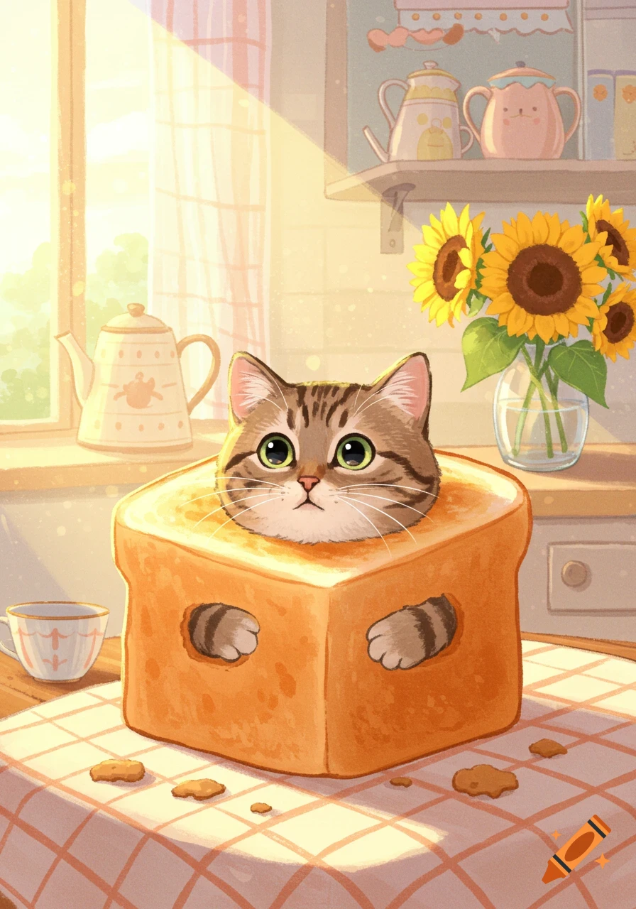 A cute cartoon cat in a loaf of bread on a kitchen table with sunflowers and teapots.