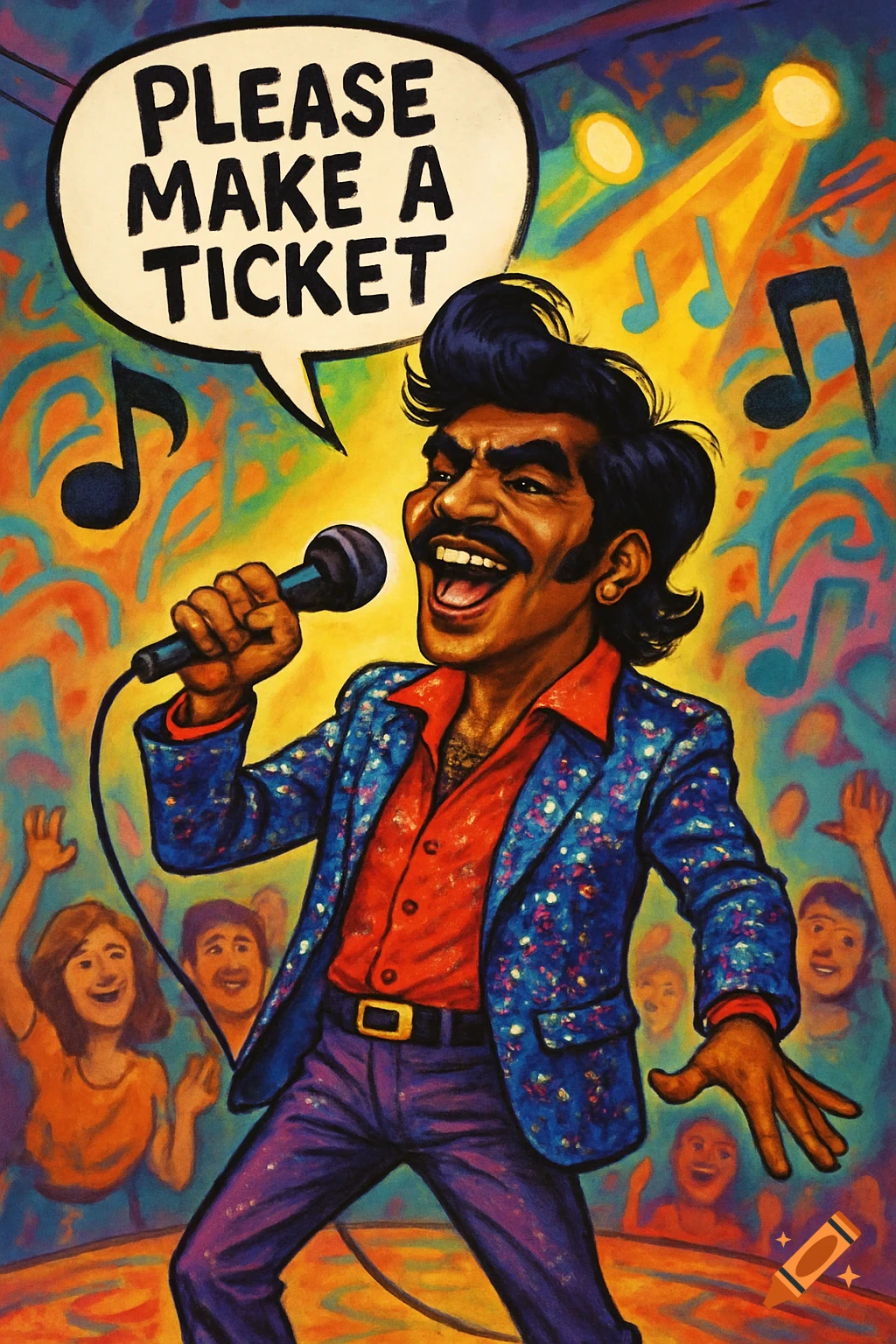 Vibrant caricature of a singer with a microphone, on stage with an audience. A speech bubble reads 'PLEASE MAKE A TICKET'.
