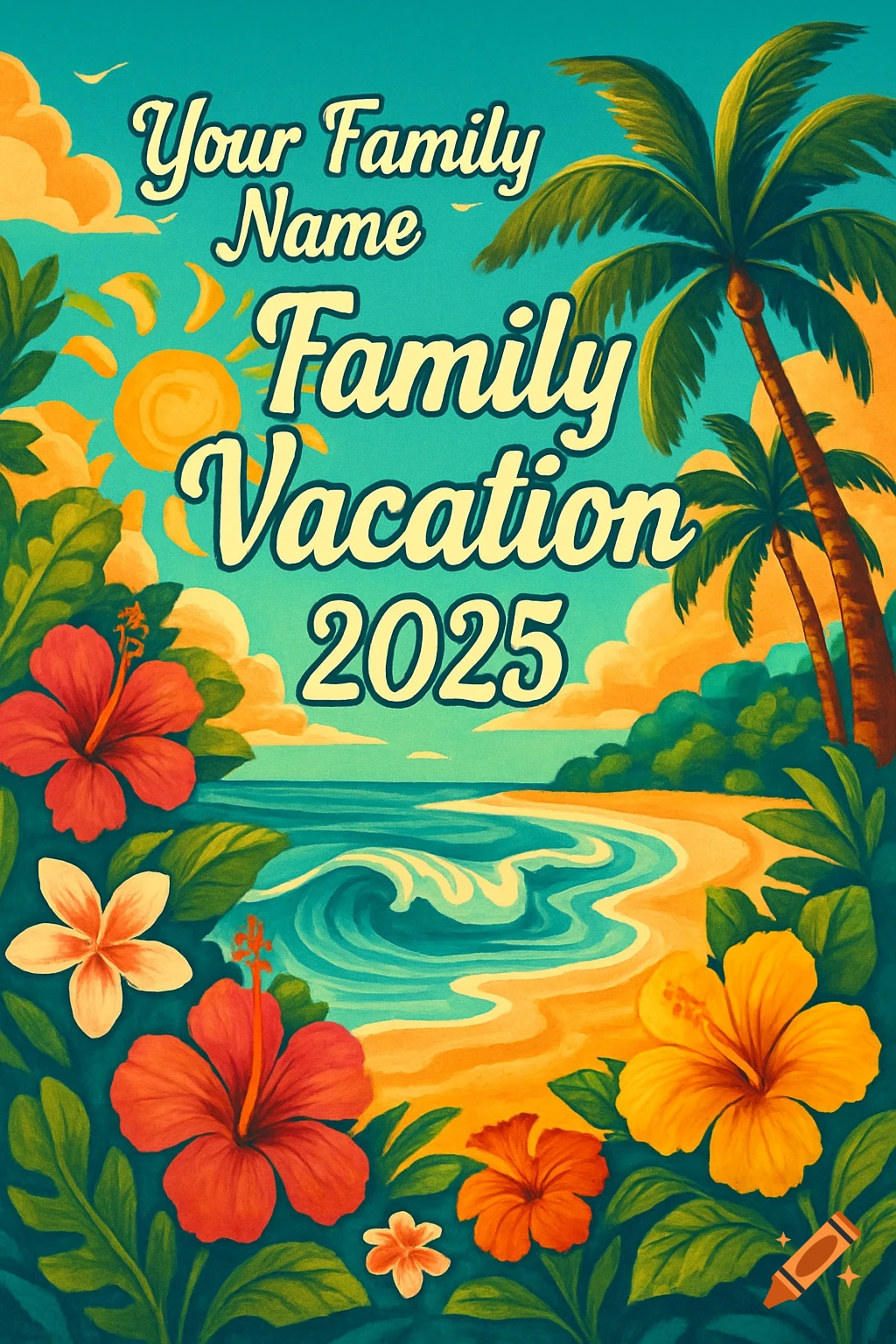 Vibrant illustration of a tropical beach with palm trees, ocean waves, and hibiscus flowers. Text reads "Your Family Name Family Vacation 2025".