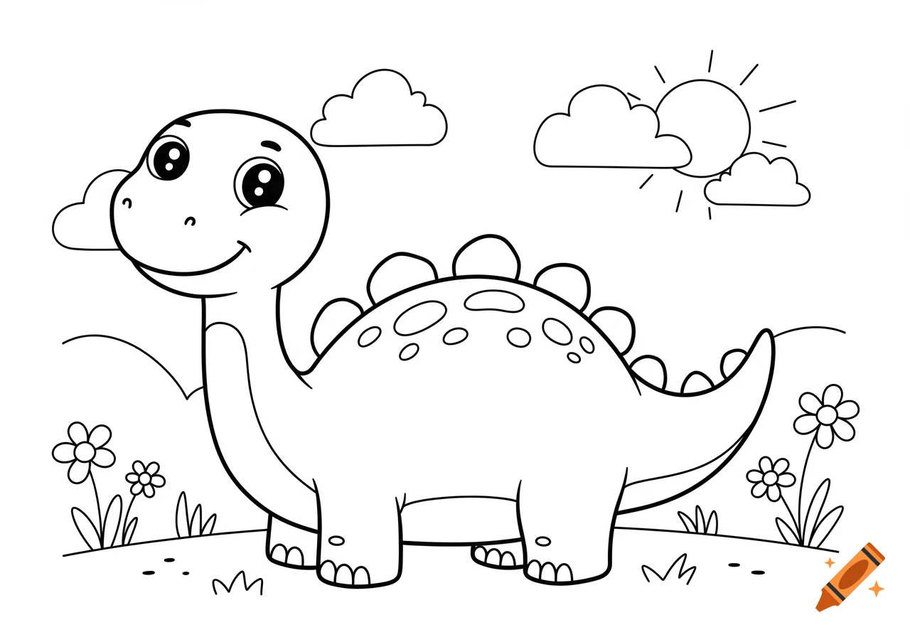 Black and white line drawing of a happy cartoon dinosaur standing in a field with clouds, sun, and flowers.