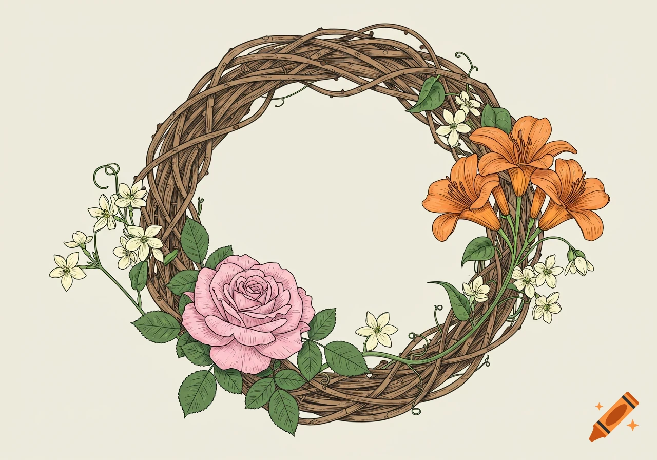 A line drawing of a grapevine wreath decorated with a pink rose, orange lilies, and white star jasmine.